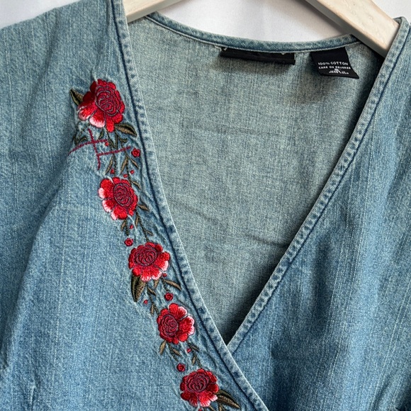 New York & Company Women’s Denim Wrap Blouse with Red Floral Embroidery, Small - Picture 5 of 8